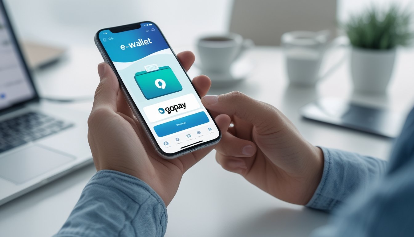 Tangan memegang ponsel dengan aplikasi dompet digital terbuka, menunjukkan transaksi online menggunakan Dana dan GoPay.