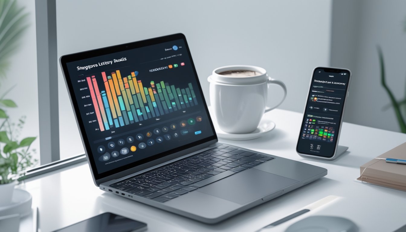 Seorang pria menggunakan laptop dan ponsel di meja kerja untuk memeriksa hasil undian togel secara online.