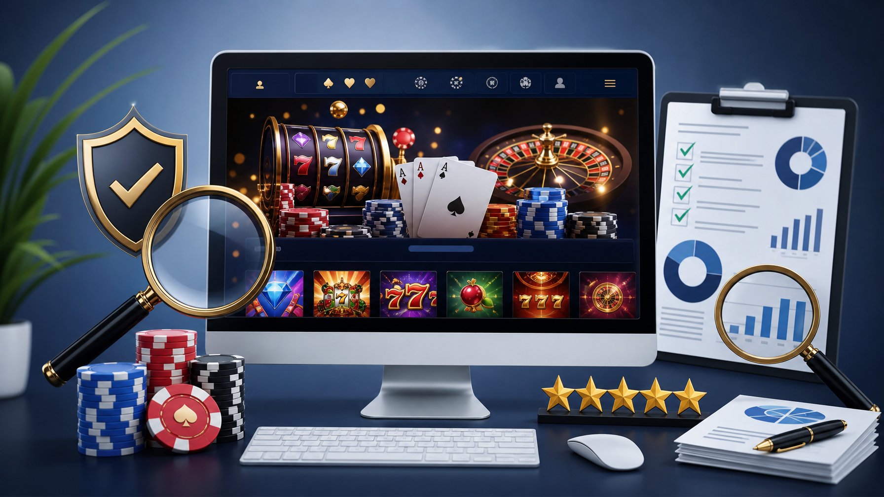 A Computer Screen Showing An Online Casino Website With Slot Machines, Poker Chips, And Playing Cards, Surrounded By Magnifying Glasses, Rating Stars, And Charts.