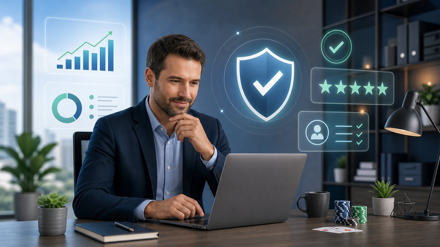 A Person Working At A Desk With A Laptop, Surrounded By Symbols Representing Trust And Positive Evaluation.