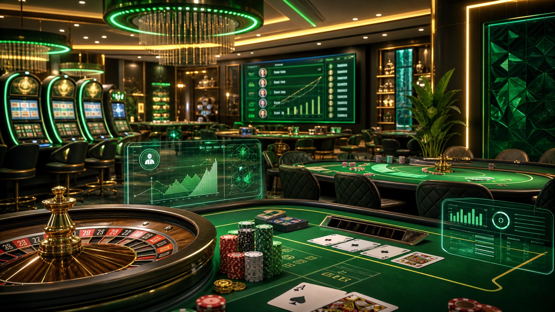A Modern Casino Interior With GreenThemed Gaming Tables, Slot Machines, And Digital Elements Representing Online Casino Technology.
