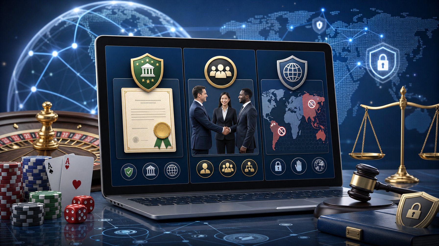 A Digital Scene Showing A Laptop With CasinoRelated Icons Representing Licensing, Ownership, And Market Restrictions, Alongside A Map With Highlighted Restricted Areas And Business Professionals Shaking Hands.