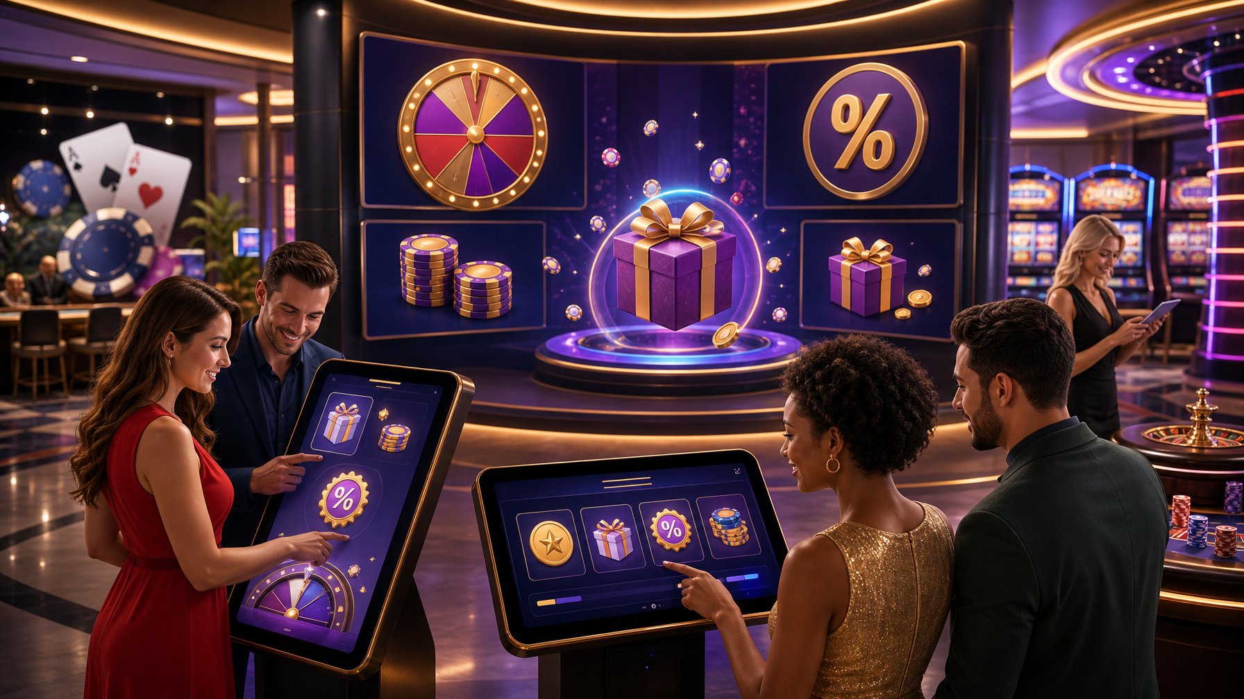 A Modern Casino Lobby With Players Interacting With Digital Displays Showing Various Promotional Icons Like Gift Boxes And Spinning Wheels, Surrounded By Casino Elements Such As Chips And Cards.