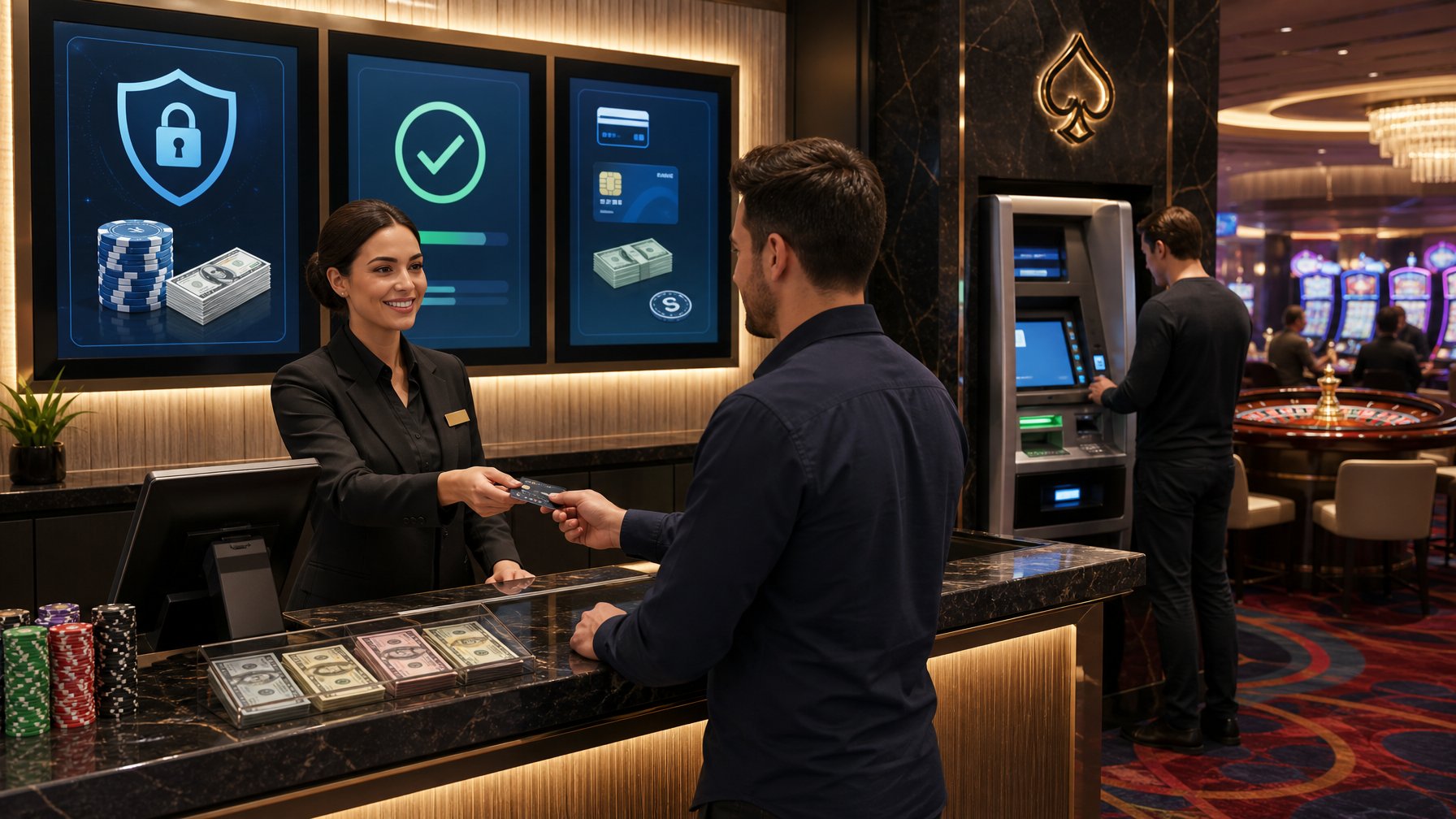A Cashier Assisting A Customer With Payment And Withdrawal At A Casino Cashier Counter, Showing Transaction Displays And A Cash Withdrawal Machine Nearby.