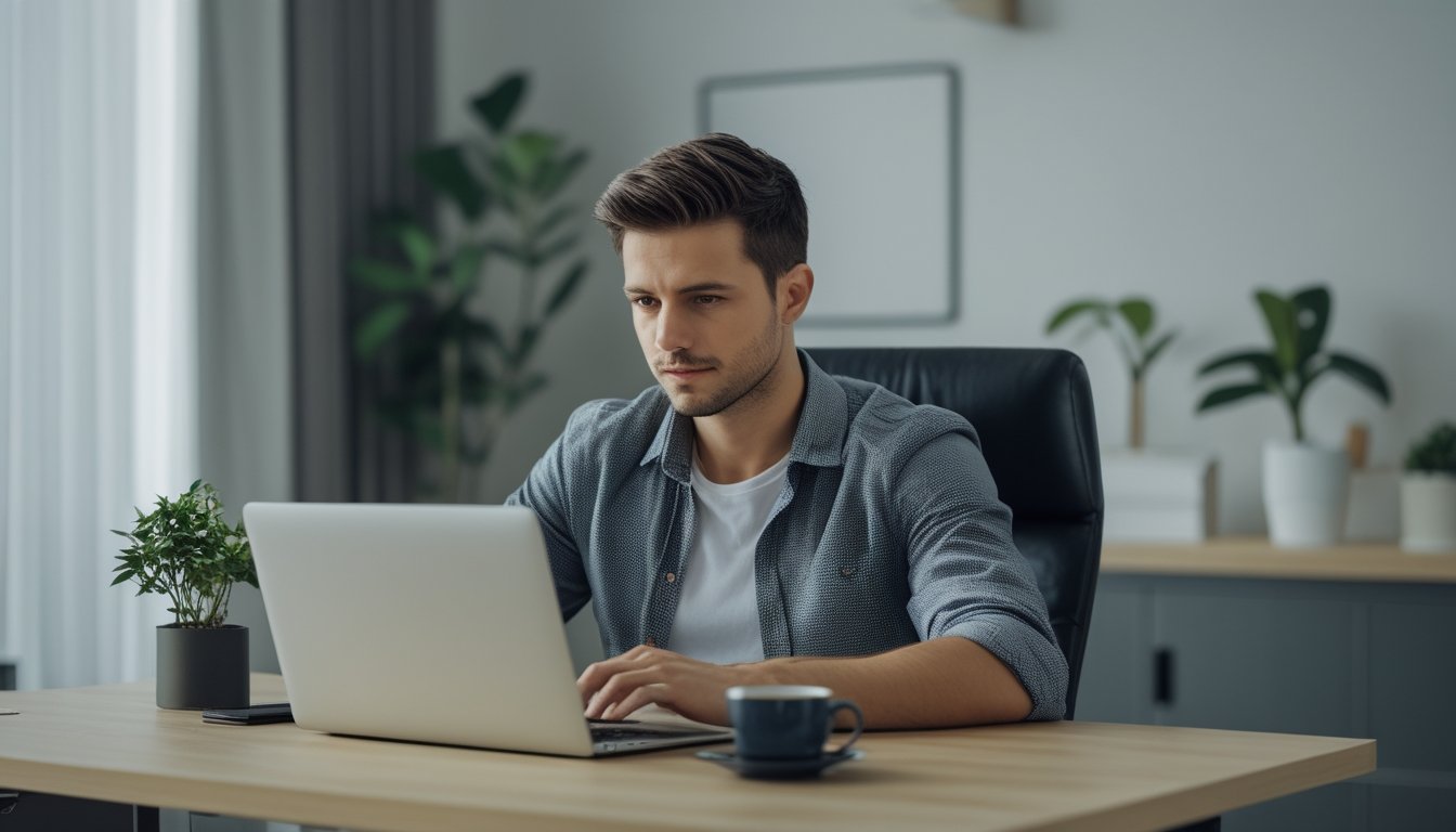 Seorang pria muda duduk di meja dengan laptop, fokus menggunakan komputer di ruang kerja rumah yang rapi dan terang.