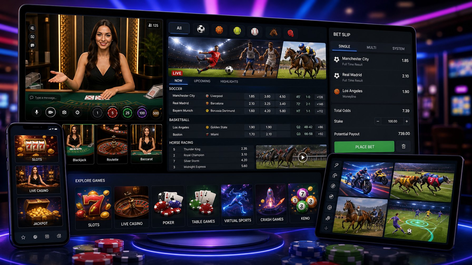 A Digital Scene Showing Live Dealer Games, Sports Betting Odds, And Various Casino Gaming Options On Multiple Screens In A Modern Online Casino Setting.