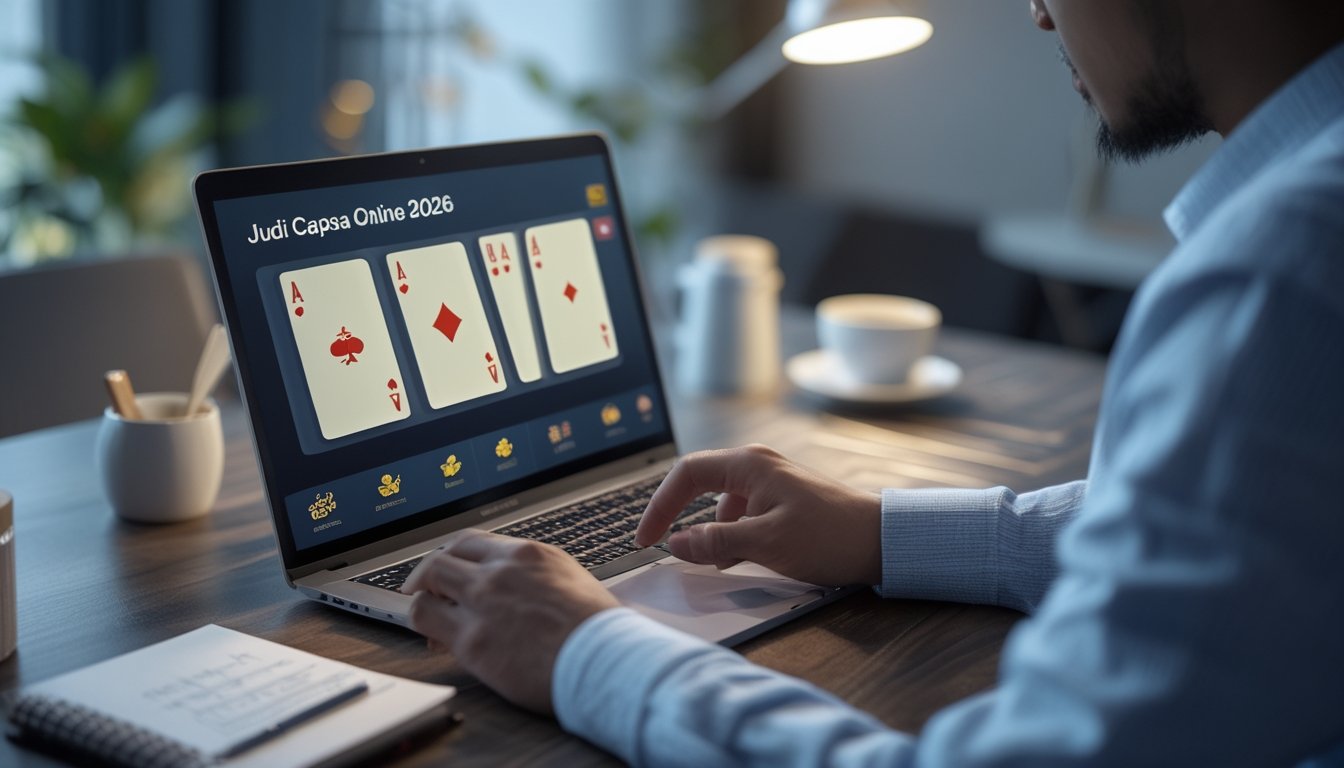 Seorang pemain fokus menggunakan laptop dan ponsel untuk bermain kartu online di meja kerja dengan kartu digital terlihat di layar.