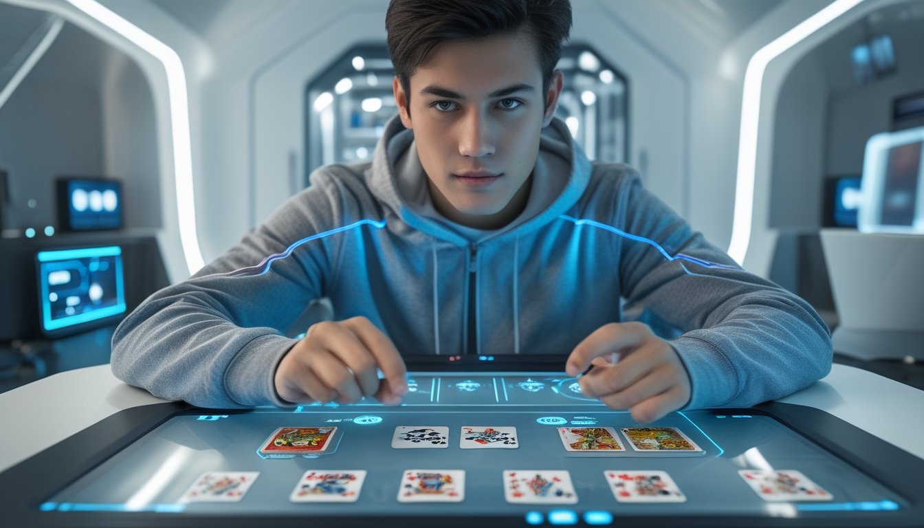 Seorang dewasa muda fokus bermain permainan kartu online dengan antarmuka digital futuristik dan kartu berwarna-warni di layar sentuh besar.