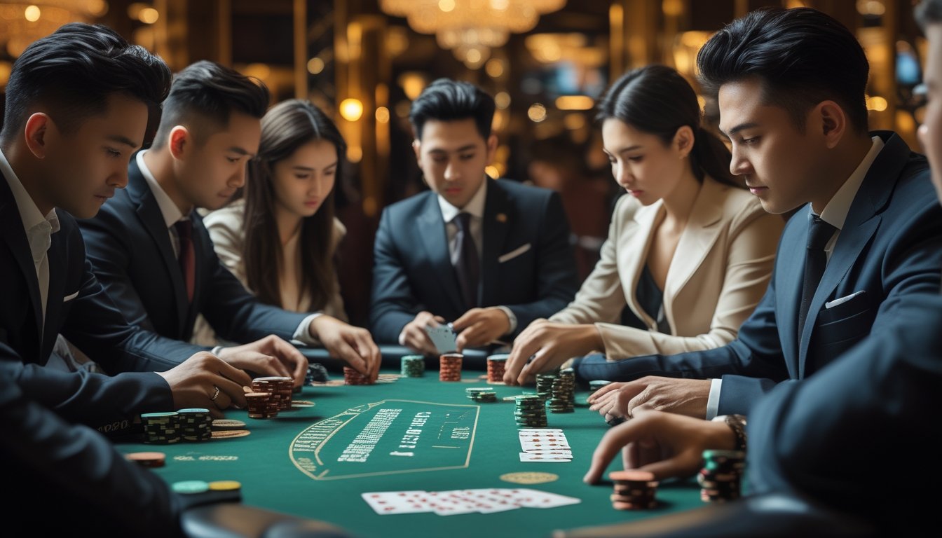 Sekelompok pemain berjudi di meja poker VIP dengan suasana kasino mewah.