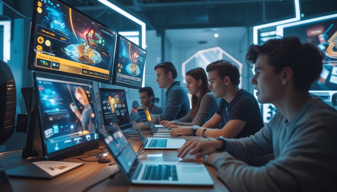 Beberapa orang muda sedang bermain game kartu online di ruang modern dengan komputer dan tablet.