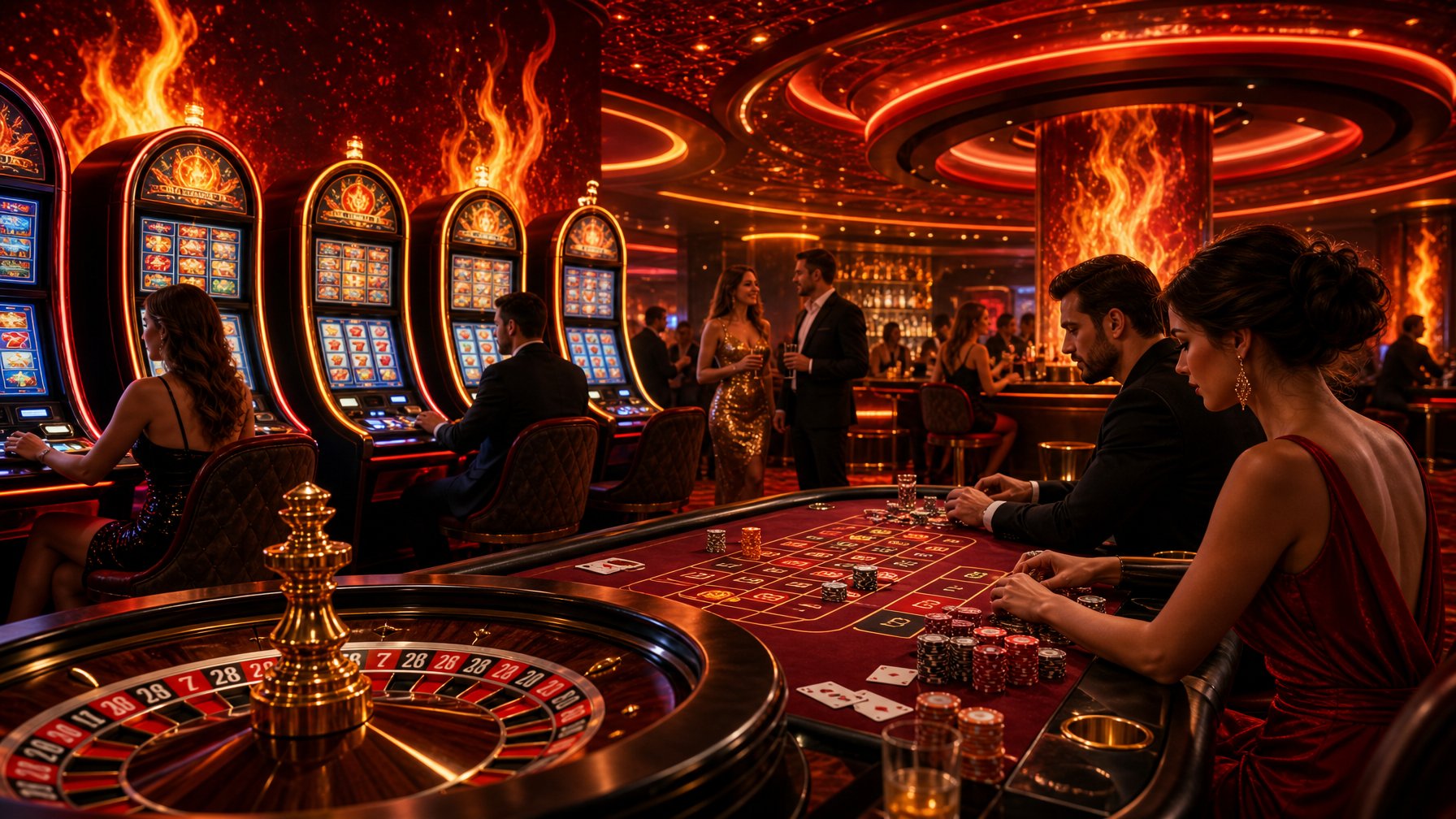 A Lively Casino Interior With A Roulette Table, Slot Machines, And Players Surrounded By Warm Red And Orange Lighting And Subtle Flames.