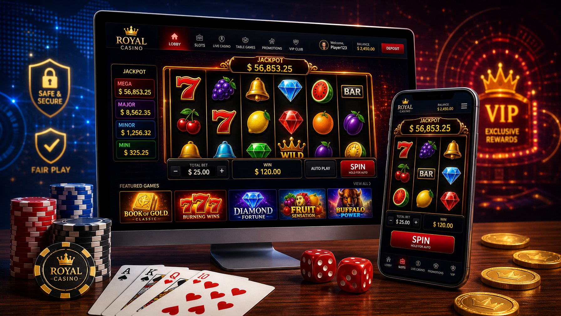 A Computer Screen And Smartphone Displaying Colorful Slot Machine Reels Surrounded By Poker Chips, Playing Cards, Dice, And Gold Coins On A Wooden Table.