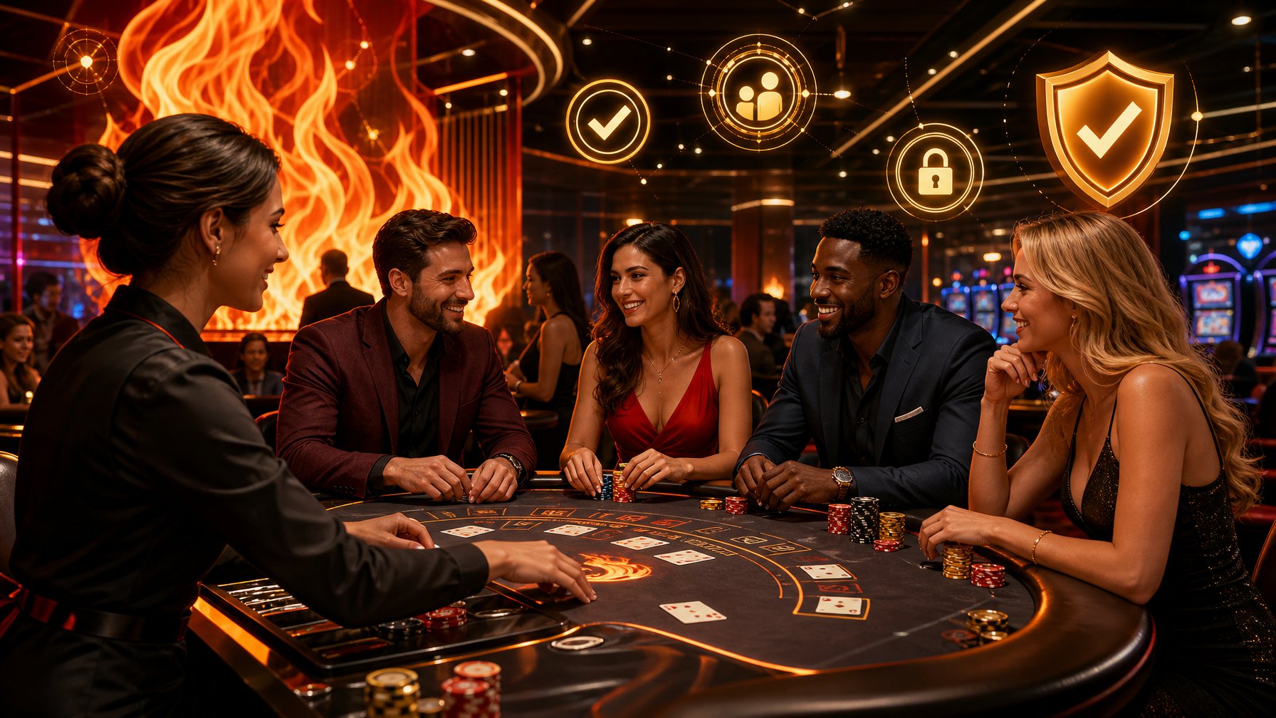 A Group Of People Gathered Around A Modern Casino Table With Glowing Trust Icons And Fiery Design Elements In A Stylish Casino Interior.