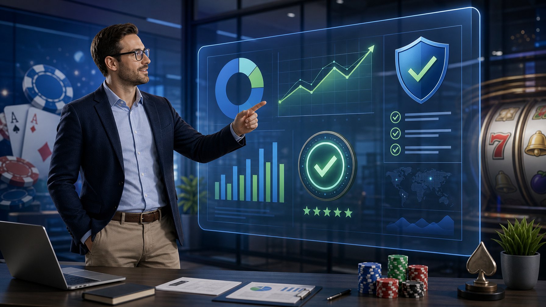 A Business Analyst Presenting Charts And Trust Indicators Related To A Casino Review In A Modern Office Setting With Subtle CasinoThemed Elements In The Background.