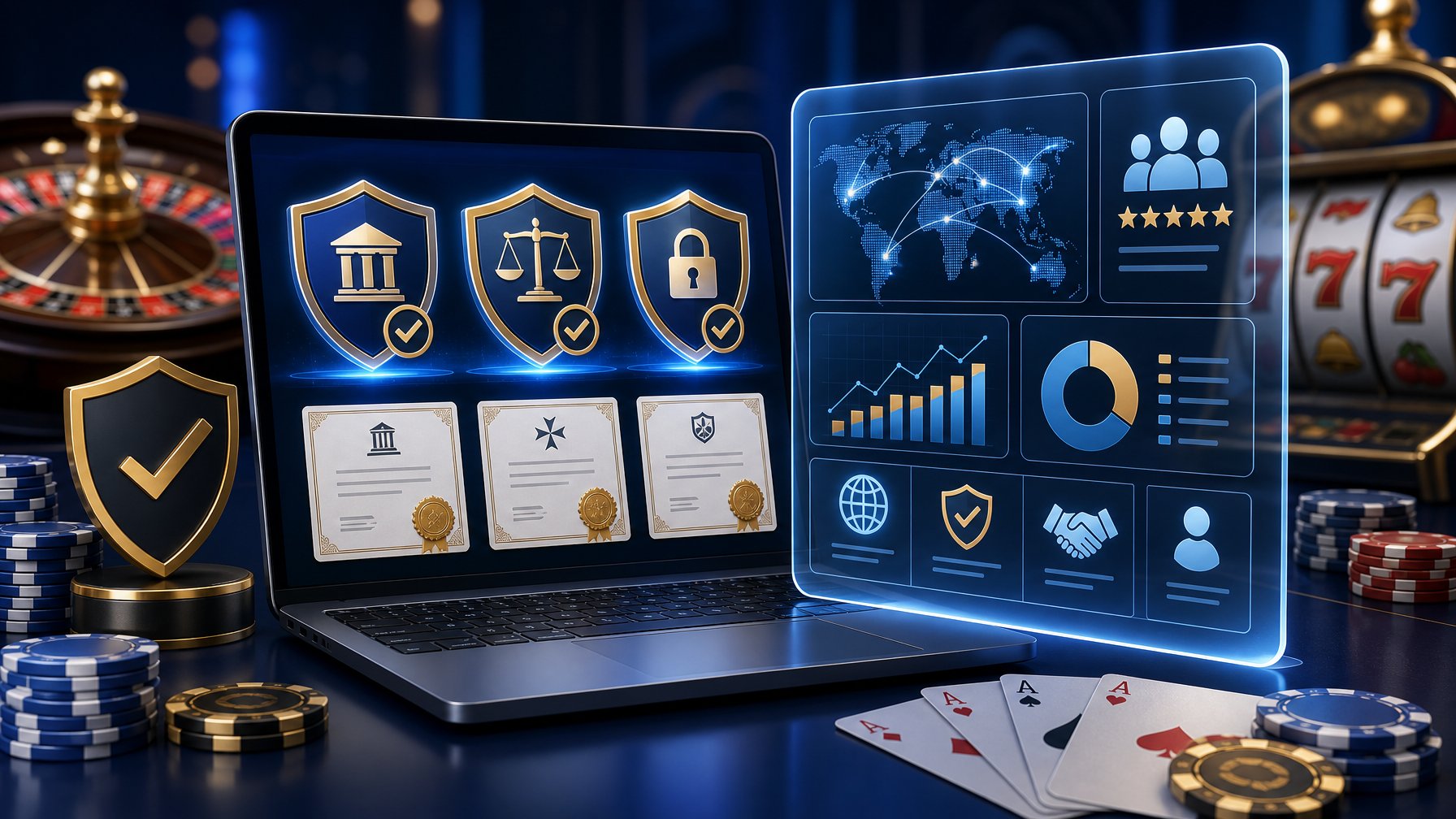 A Digital Interface Showing Licensing Badges, Transparent Data Charts, And Casino Elements Like Poker Chips And Playing Cards Symbolizing Trust And Market Access.