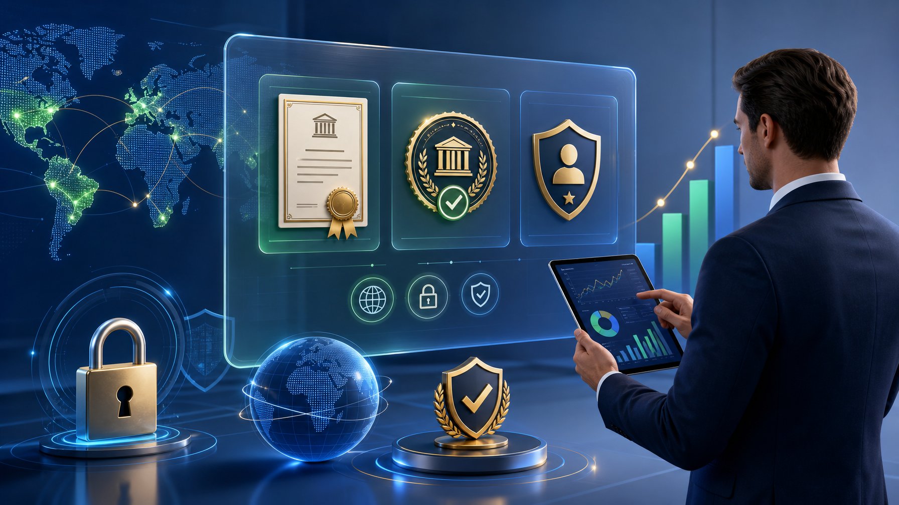 A Businessperson Analyzing Digital Icons Representing Licensing Certificates, Regulatory Approvals, And Global Market Access On A Transparent Screen.