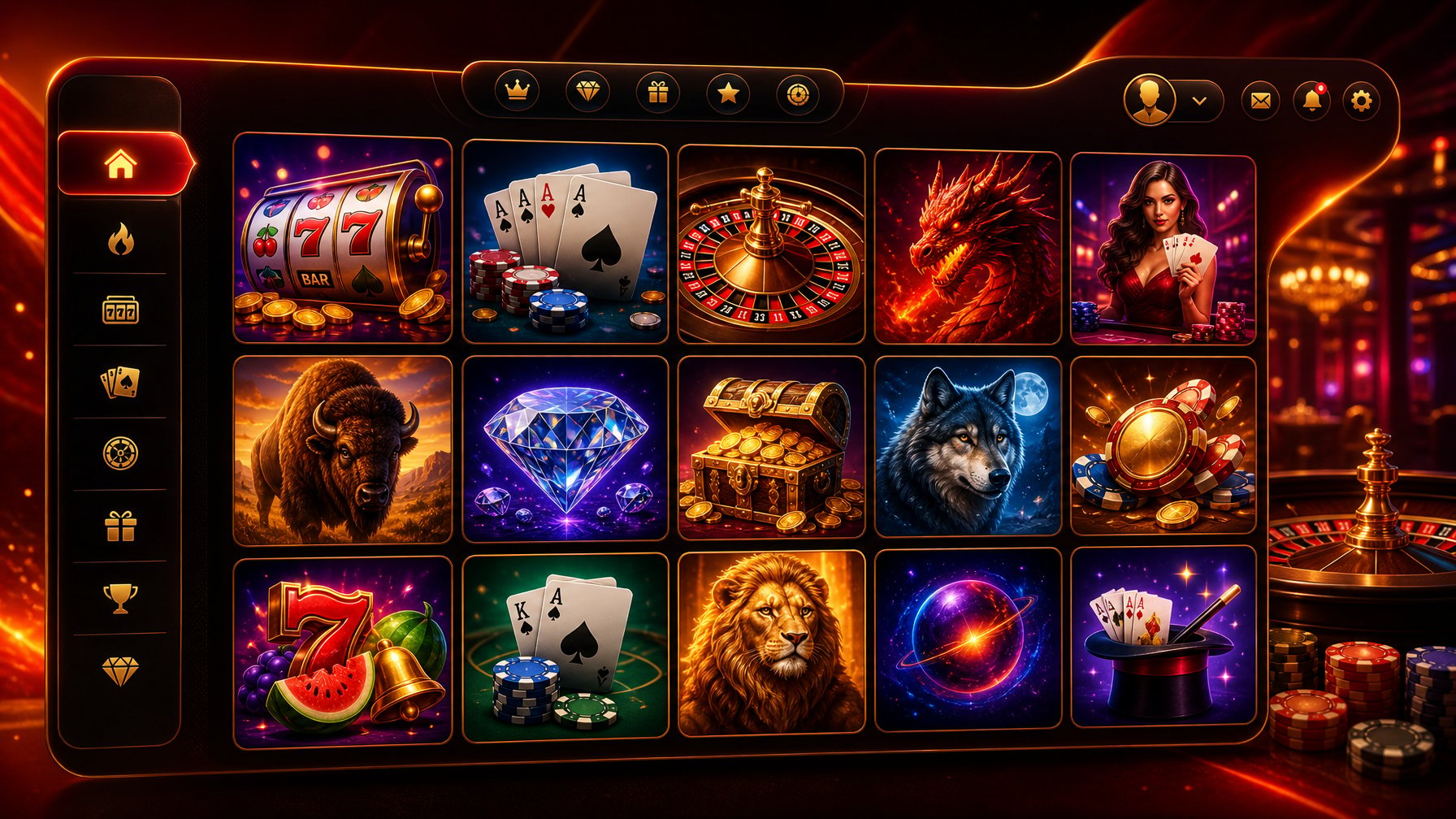 A Digital Casino Game Lobby Showing Various Colorful Game Icons Arranged Neatly On A Sleek Interface With Fiery Red And Orange Background Lighting.