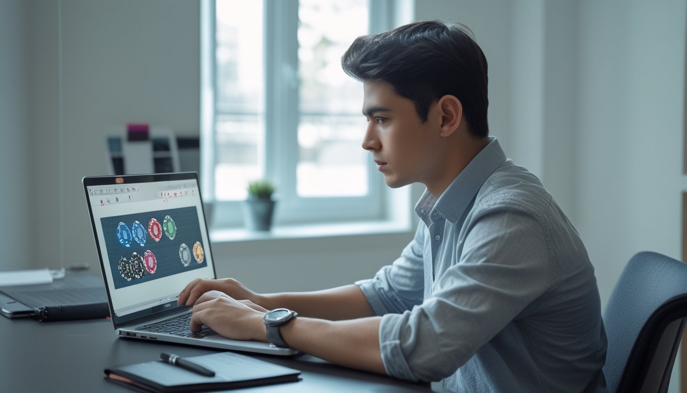 Seorang pria muda sedang duduk di meja dengan laptop, mengatur chip bermain judi Capsa online dengan fokus.