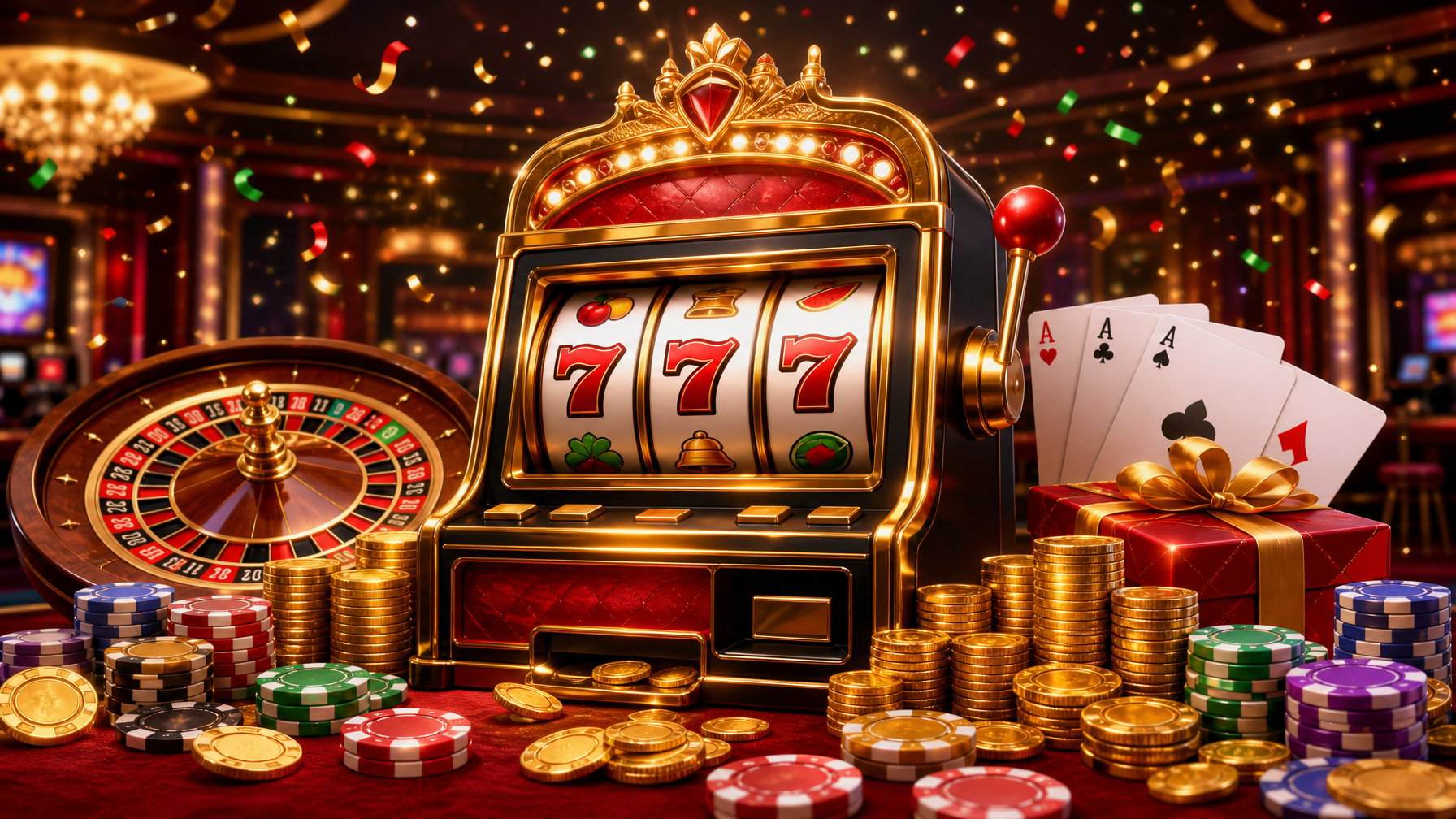 A Casino Scene Featuring A Glowing Slot Machine Surrounded By Golden Coins, Colorful Chips, And Confetti, With A Roulette Wheel And Playing Cards In The Background.