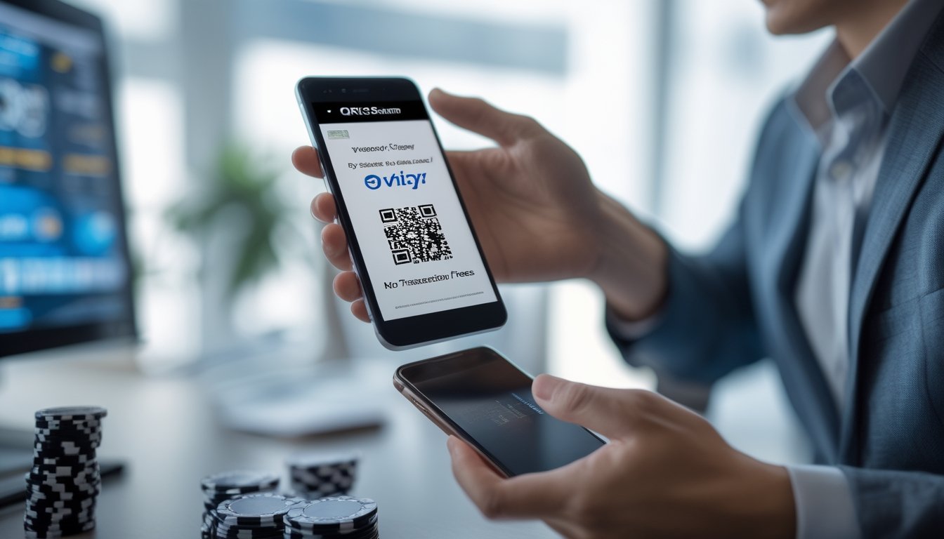 Seseorang memegang smartphone dan memindai kode QR untuk pembayaran digital di lingkungan yang bersih dengan latar belakang permainan kartu online.