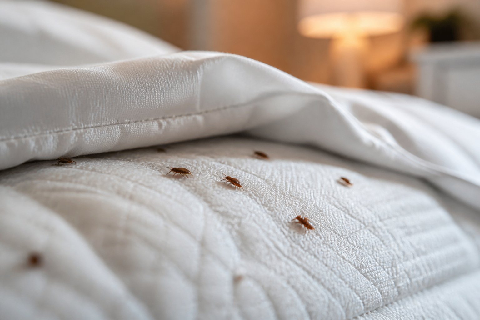 Close-up of a bed mattress with small bed bugs crawling on the fabric in a bedroom.