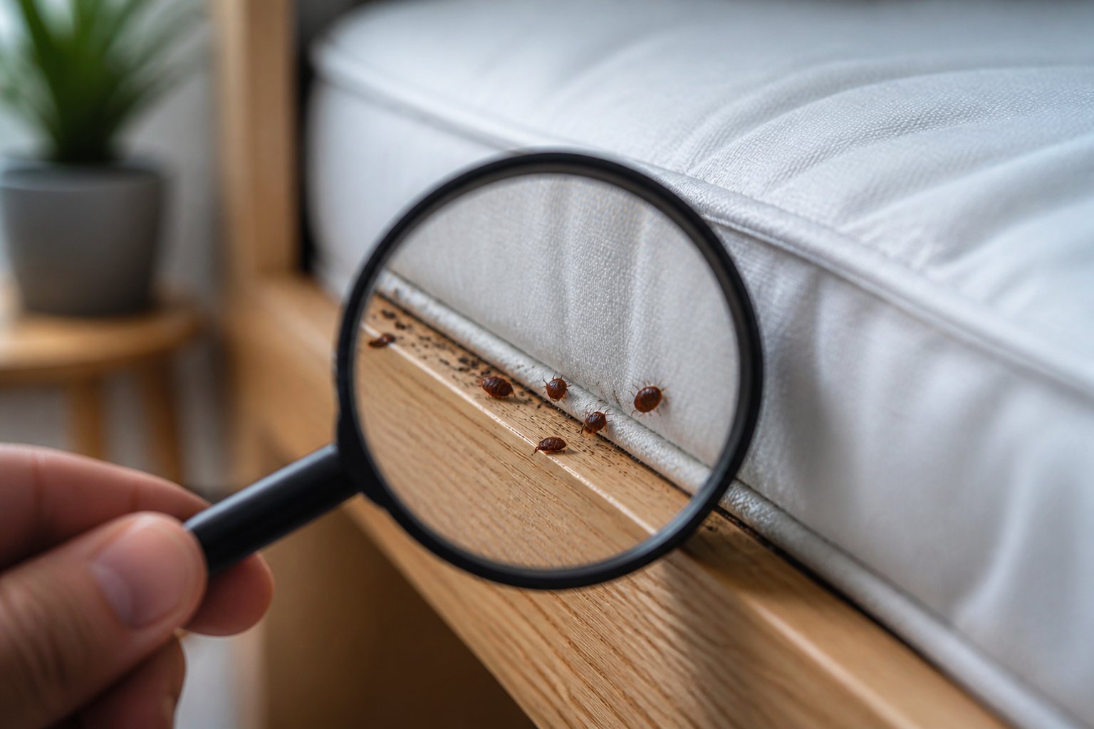 Close-up of a bed with a magnifying glass revealing small bed bugs hiding in the mattress seams and bed frame.