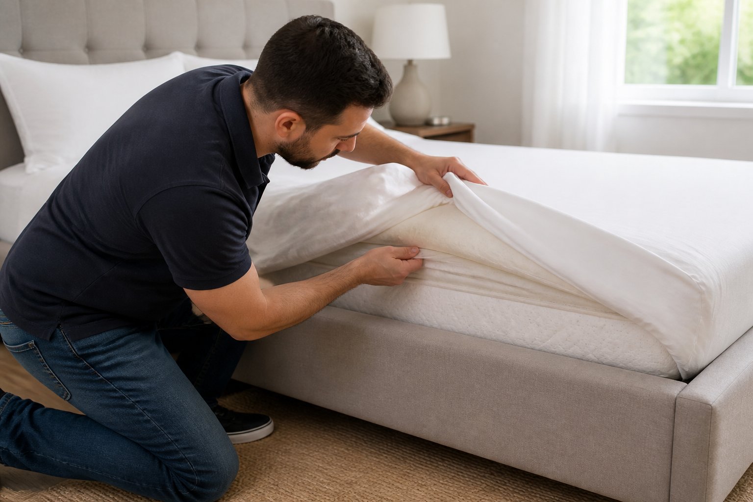 An adult inspecting the corner of a mattress in a tidy bedroom, looking for signs of bed bugs.