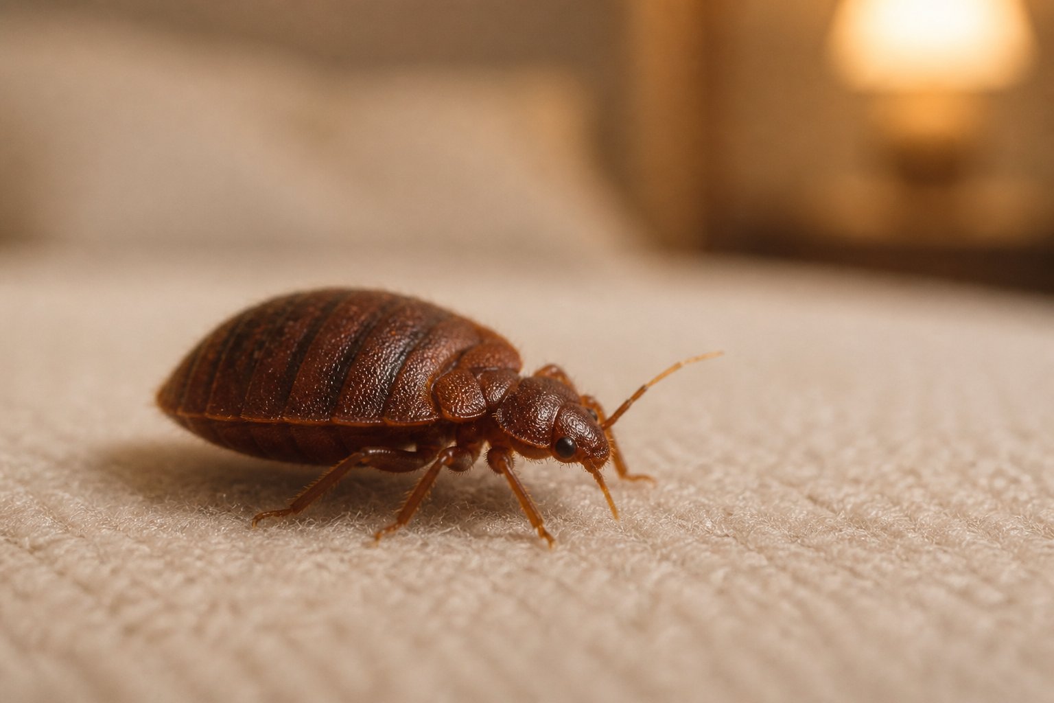 A close-up image of a bed bug on a soft, neutral surface with a blurred background.
