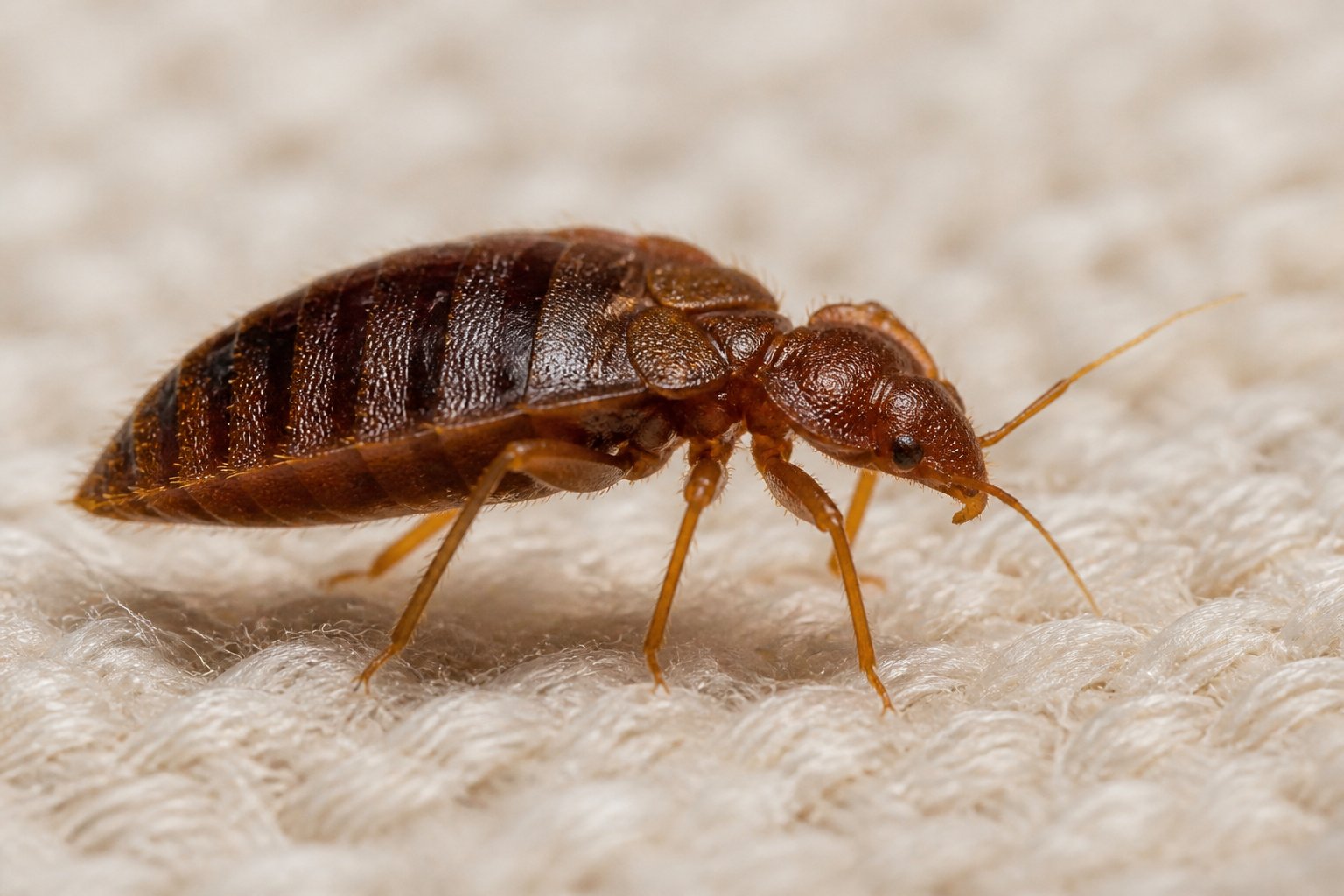 Close-up of a bed bug moving on a fabric surface.