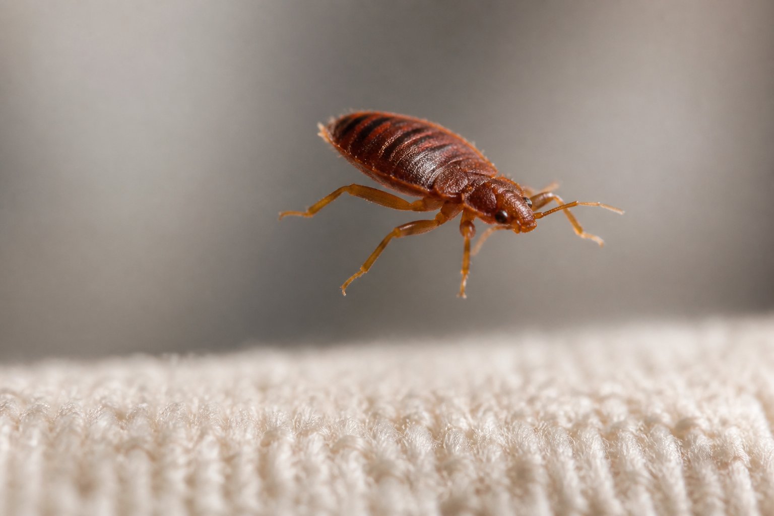 Close-up of a bed bug in motion on a textured surface, showing its legs and body clearly.