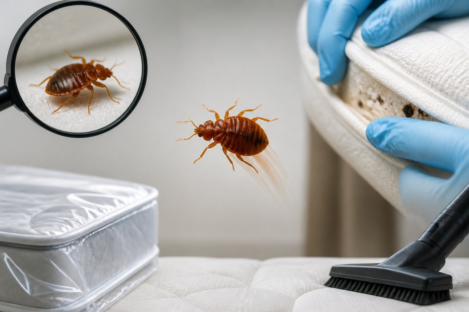 Close-up of a bed bug in motion with hands inspecting a mattress and pest control items nearby.