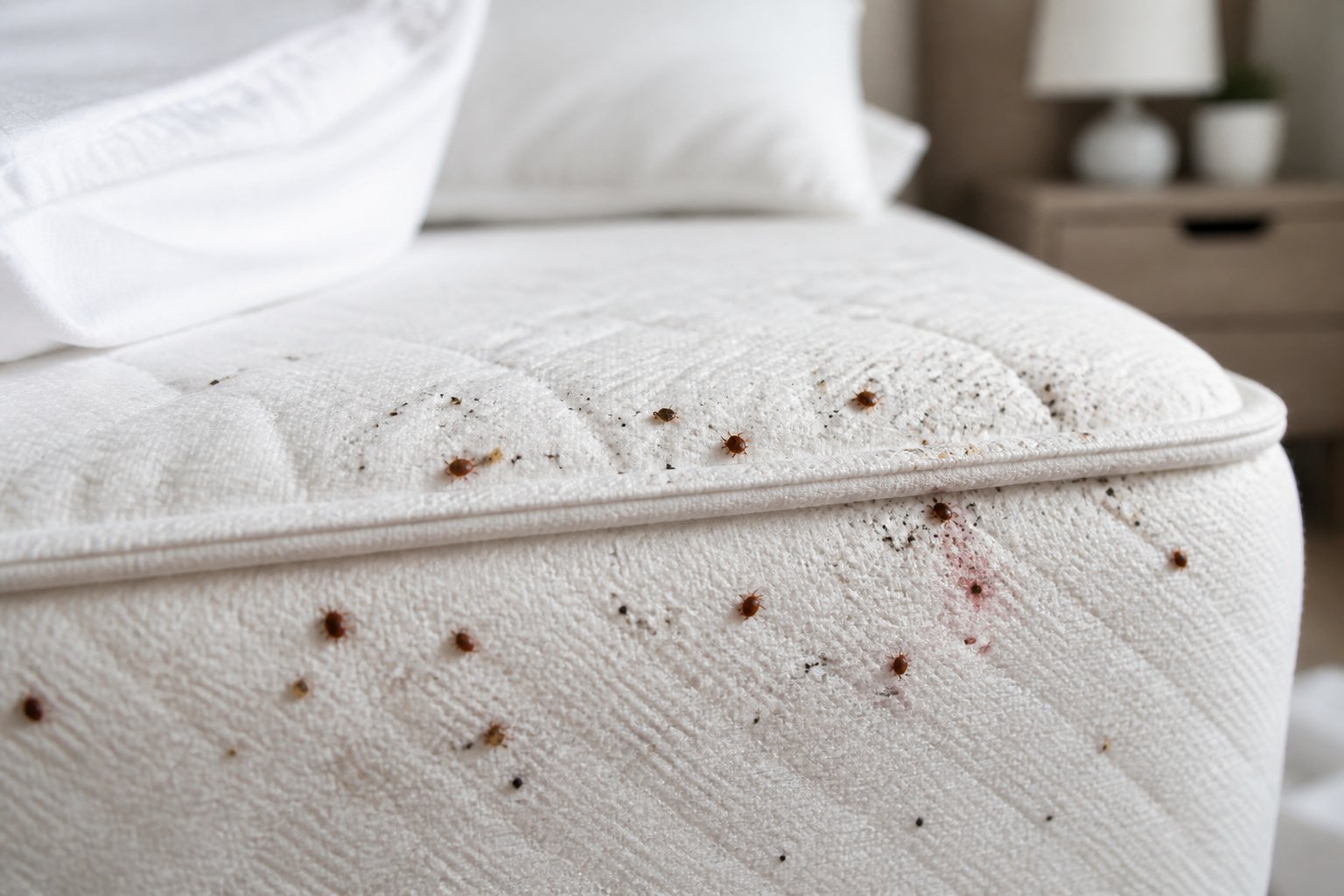 Close-up view of a mattress showing small bed bugs, dark spots, blood stains, and shed skins indicating a bed bug infestation.