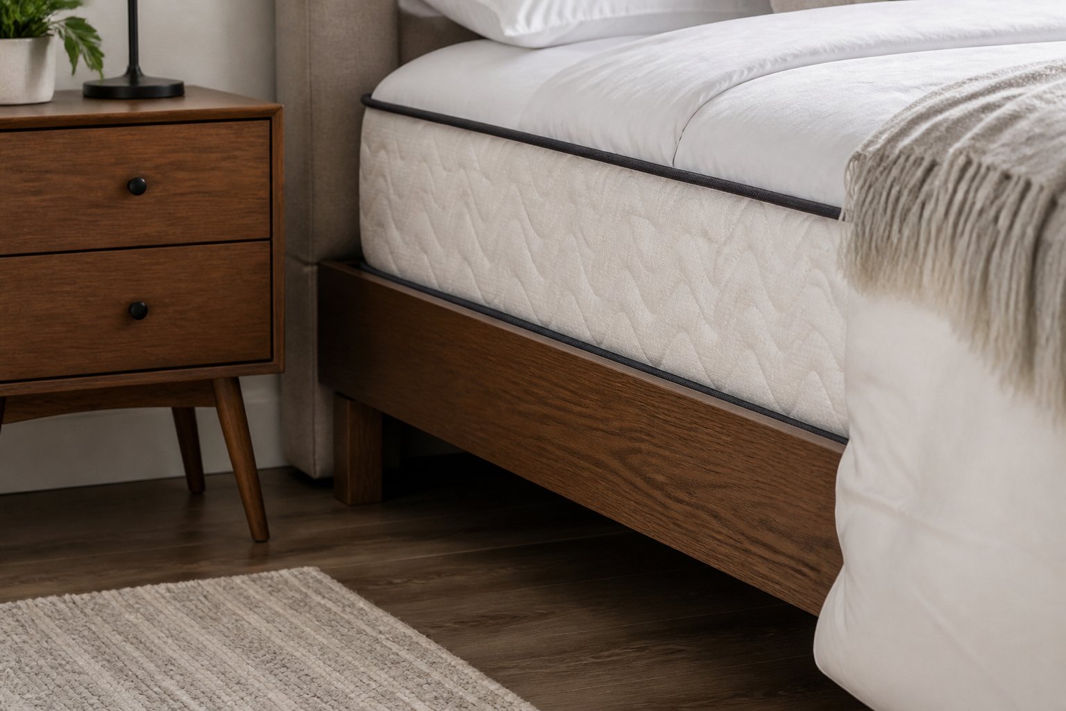 Close-up view of a bed and surrounding area showing mattress edge and bed frame in a clean bedroom.