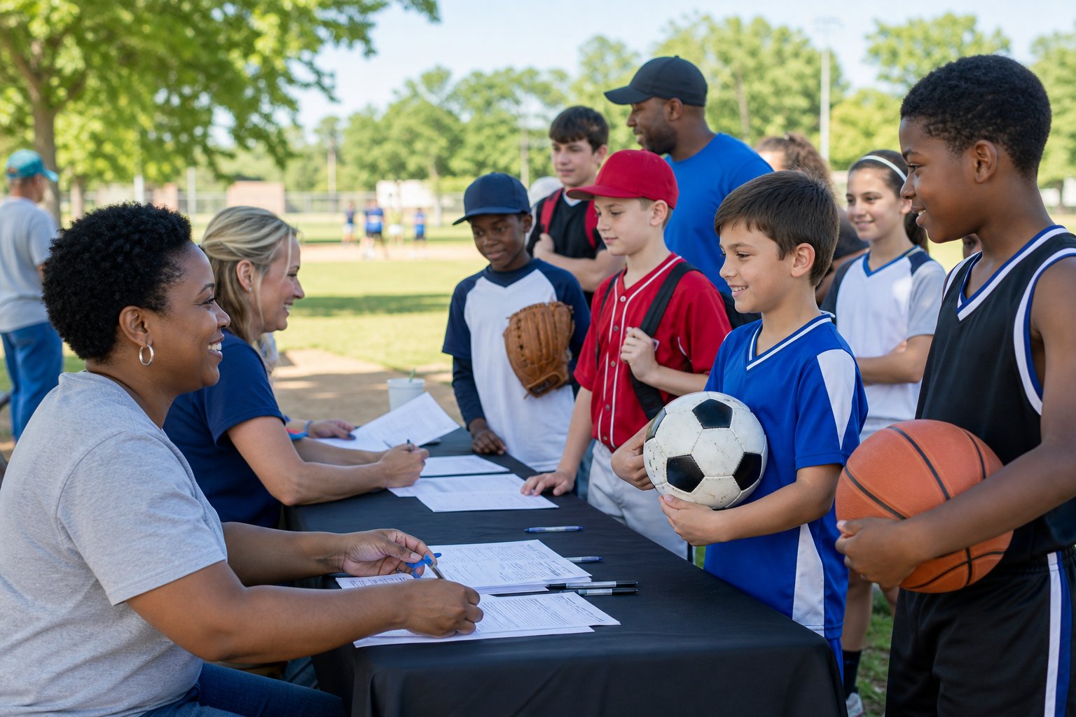 Children and adults at a youth sports registration event outdoors with sports equipment and a community sports field in the background.
