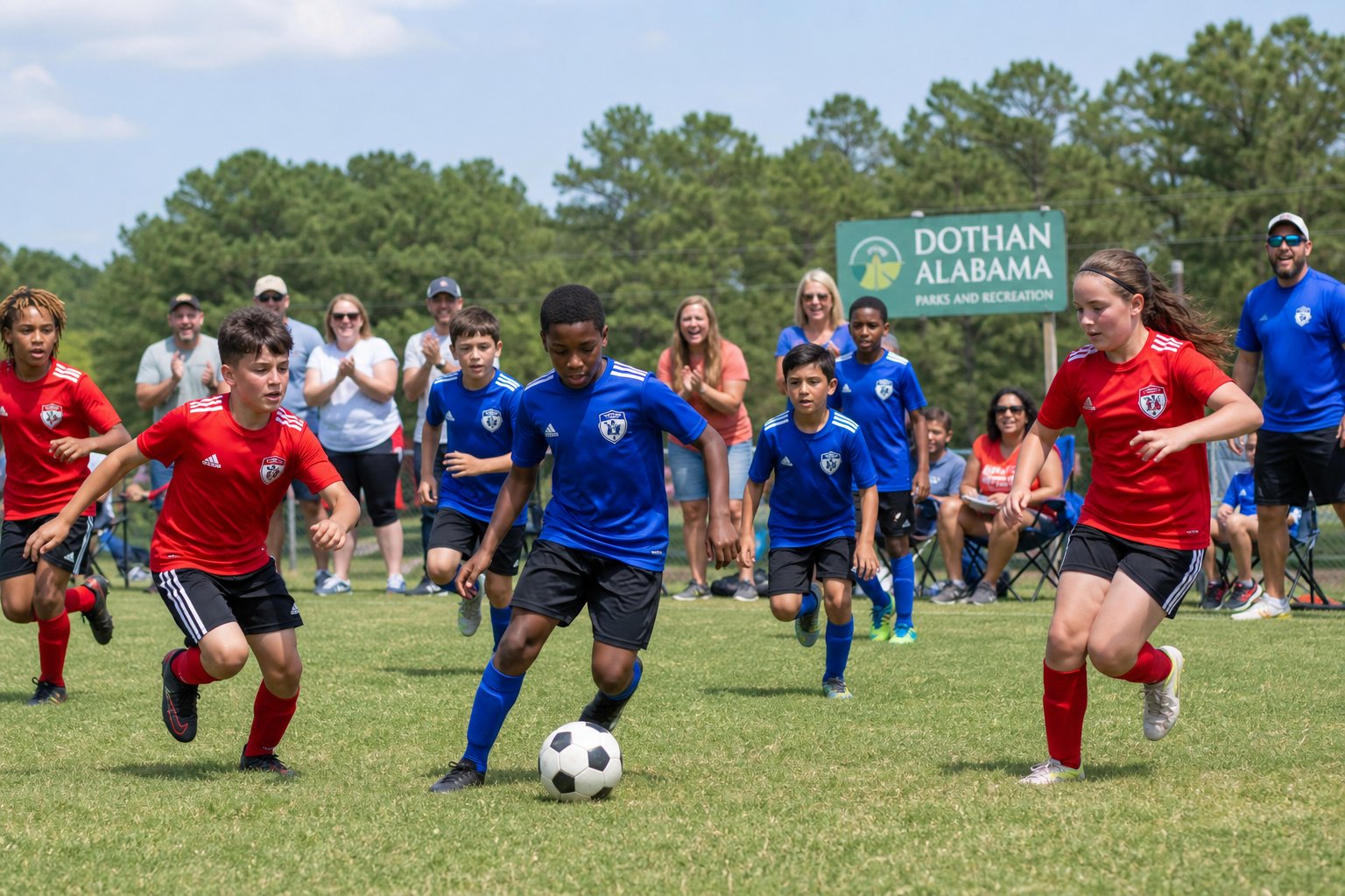 Children playing soccer on a grassy field with adults watching from the sidelines.