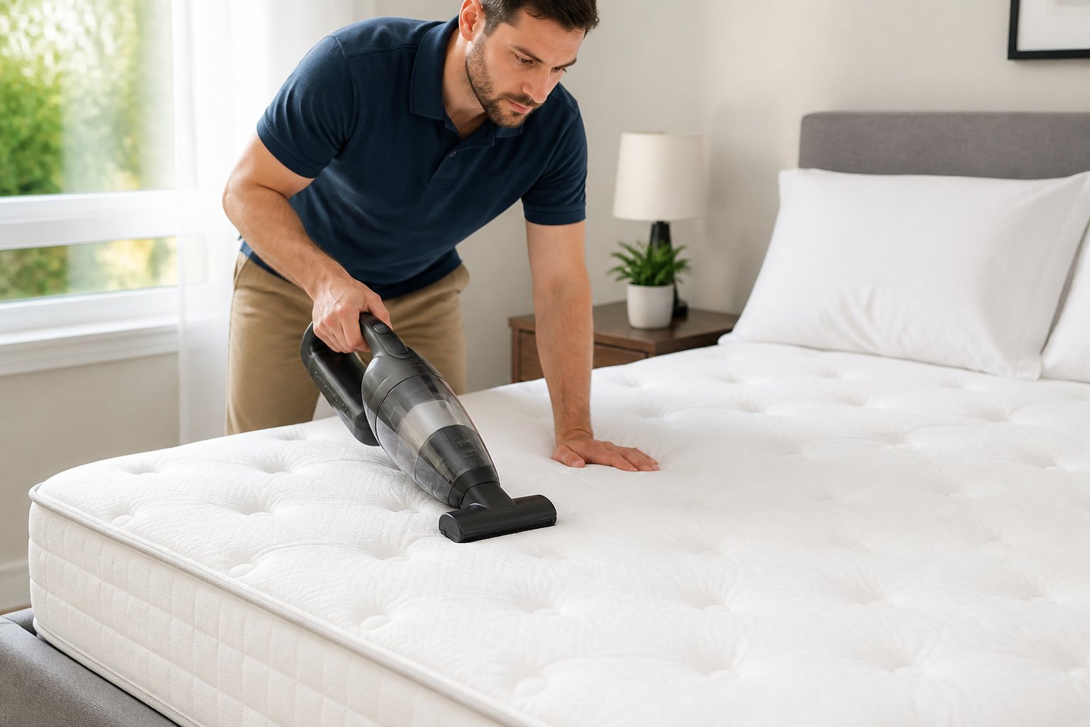 A person vacuuming a mattress in a bright, clean bedroom to remove bed bugs.