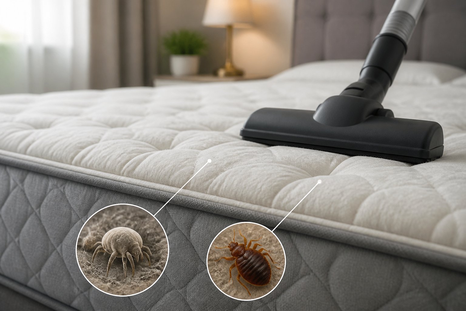 Close-up of a mattress with a vacuum cleaner head nearby, showing invisible bed bugs and dust mites on the mattress surface.