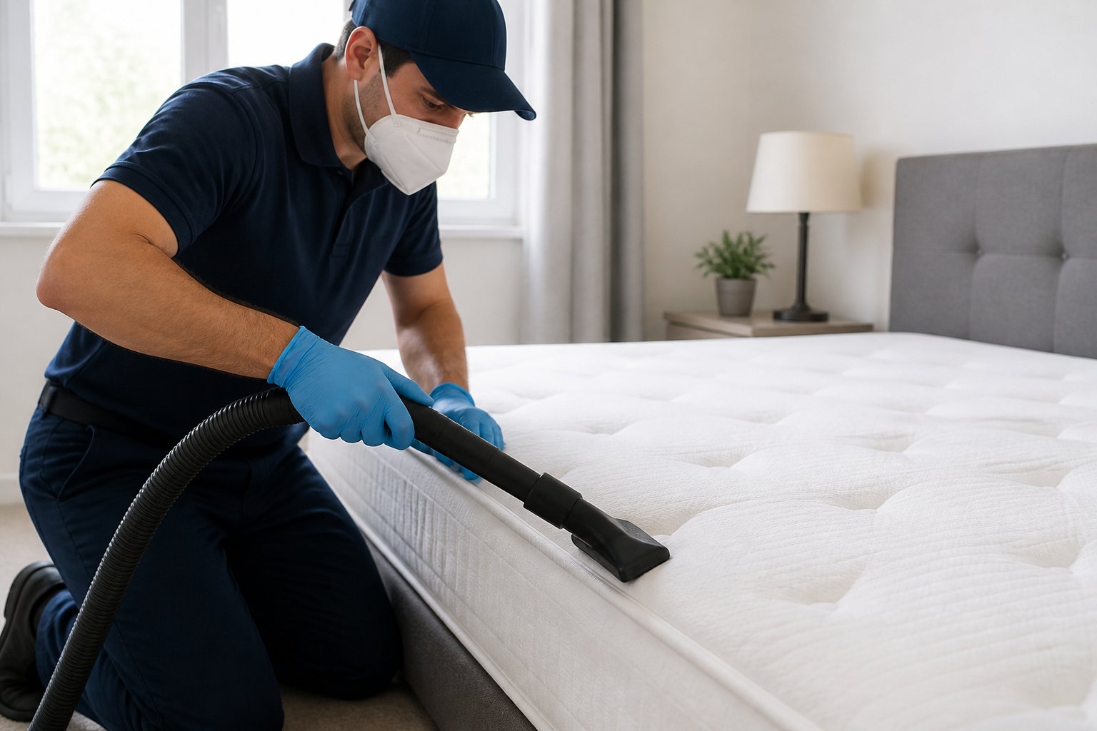 Person vacuuming a mattress wearing gloves and a face mask in a bright bedroom.