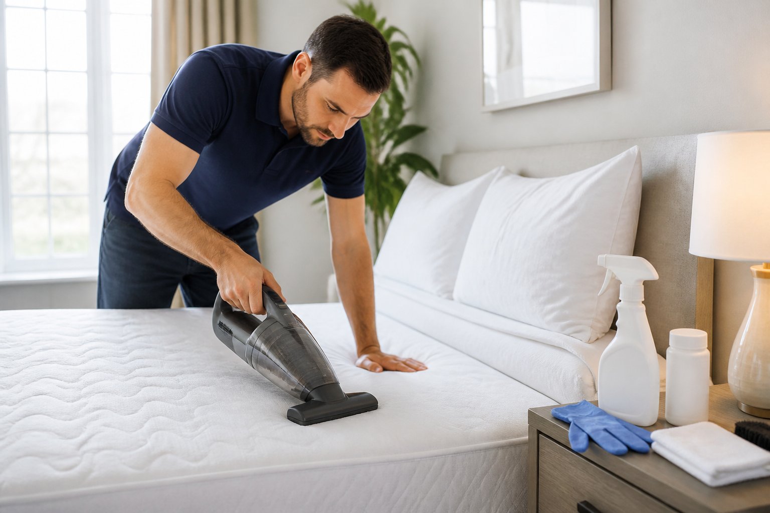 Person vacuuming a mattress in a clean, bright bedroom with cleaning supplies on a bedside table.