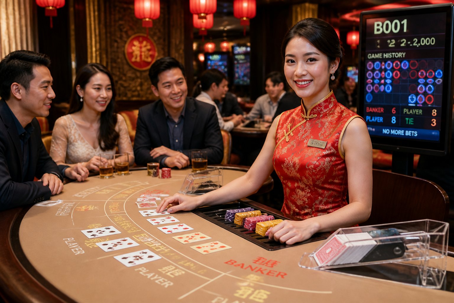An Asian female dealer managing a live casino table with players around, set in a modern casino interior with Asian-inspired decor.