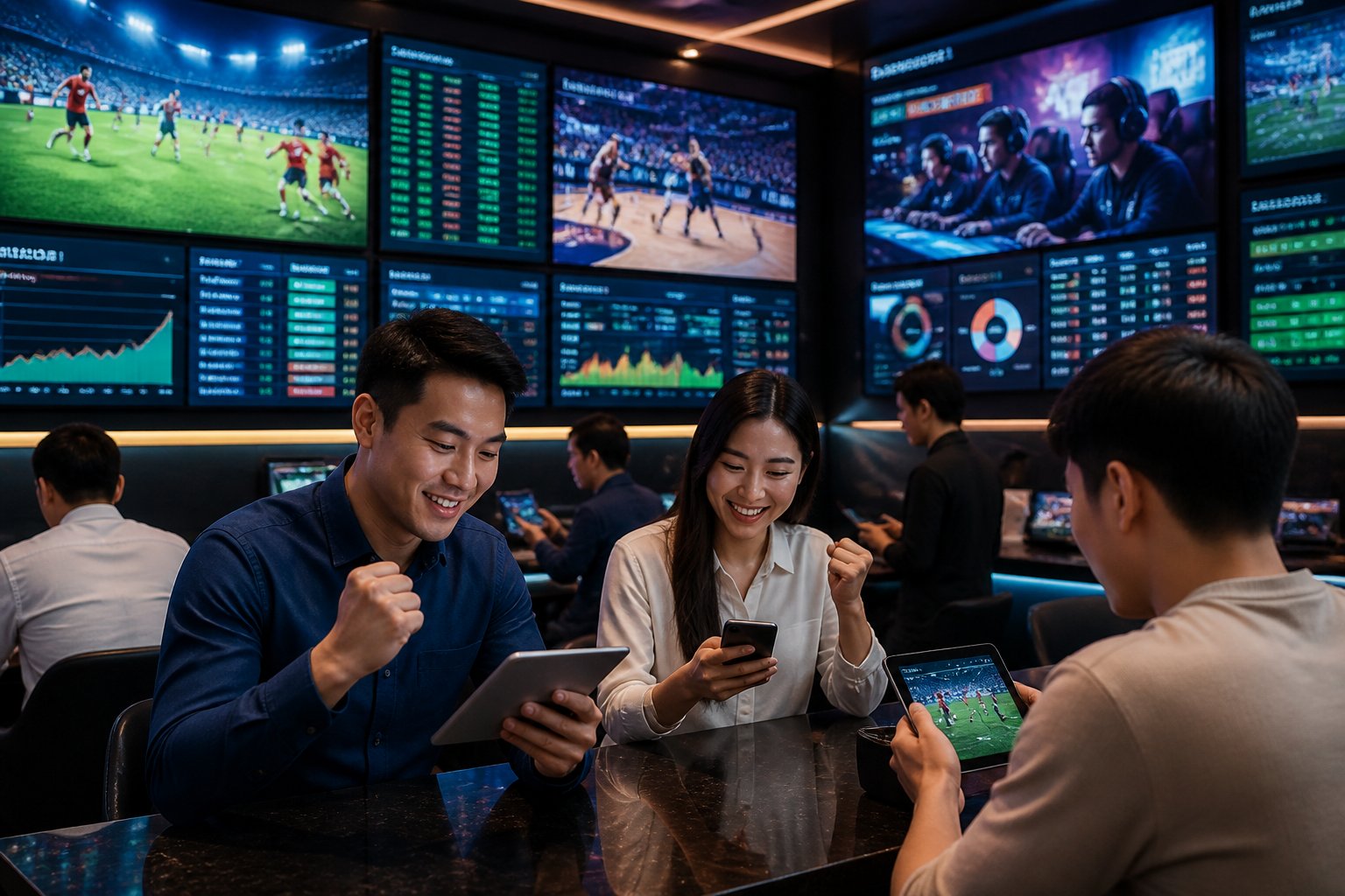 People using digital devices to place sports bets in a modern lounge with screens showing various sports events.