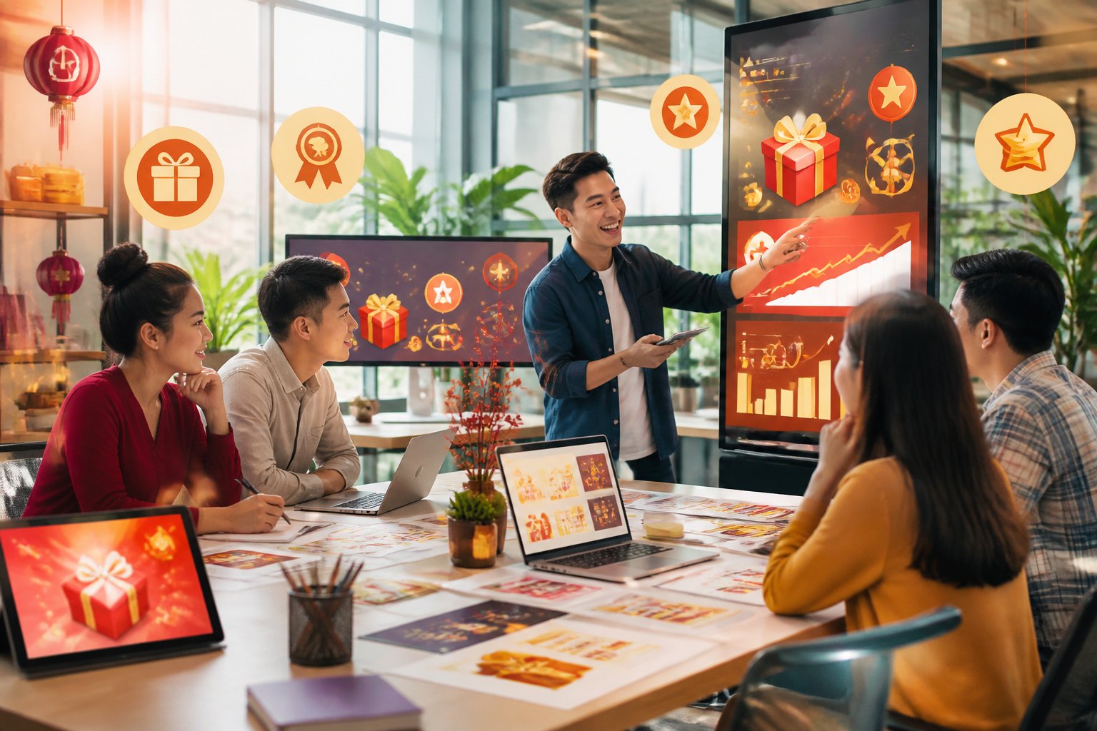 A group of professionals collaborating around a table with screens showing charts and promotional visuals in a modern office.