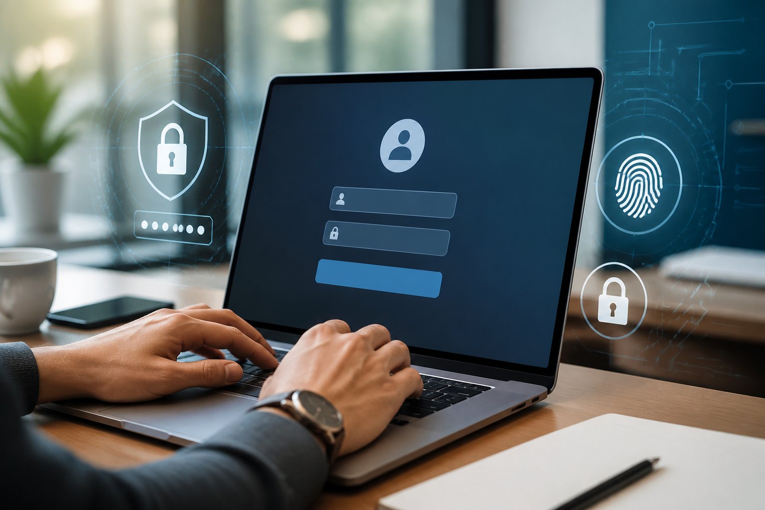 Person typing on a laptop keyboard with digital security icons in the background, representing secure account registration and login.