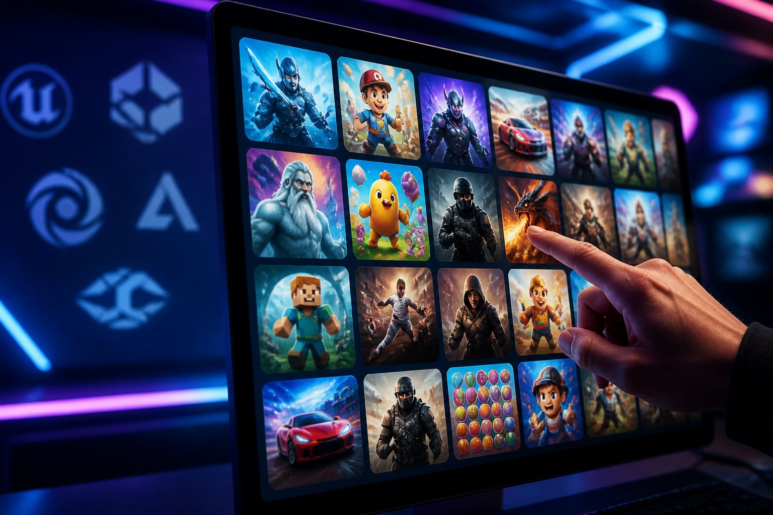 A person selecting a game on a touchscreen displaying various colorful game icons and symbols representing leading gaming providers.