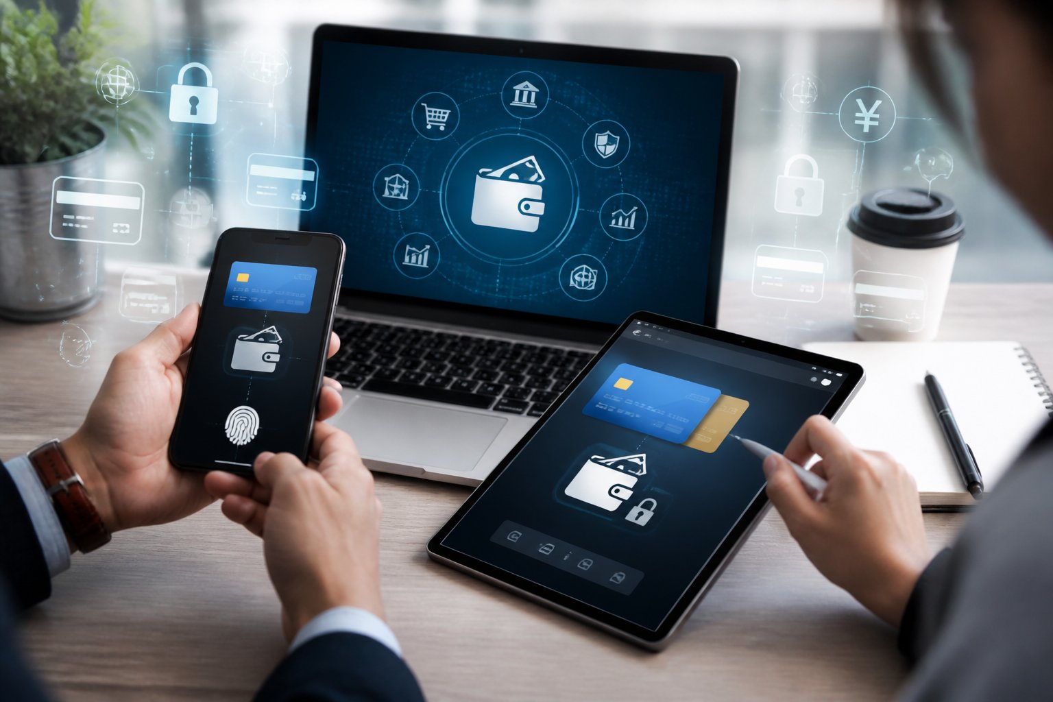 A person using a laptop, smartphone, and tablet to manage digital payments and e-wallets in a modern office setting.
