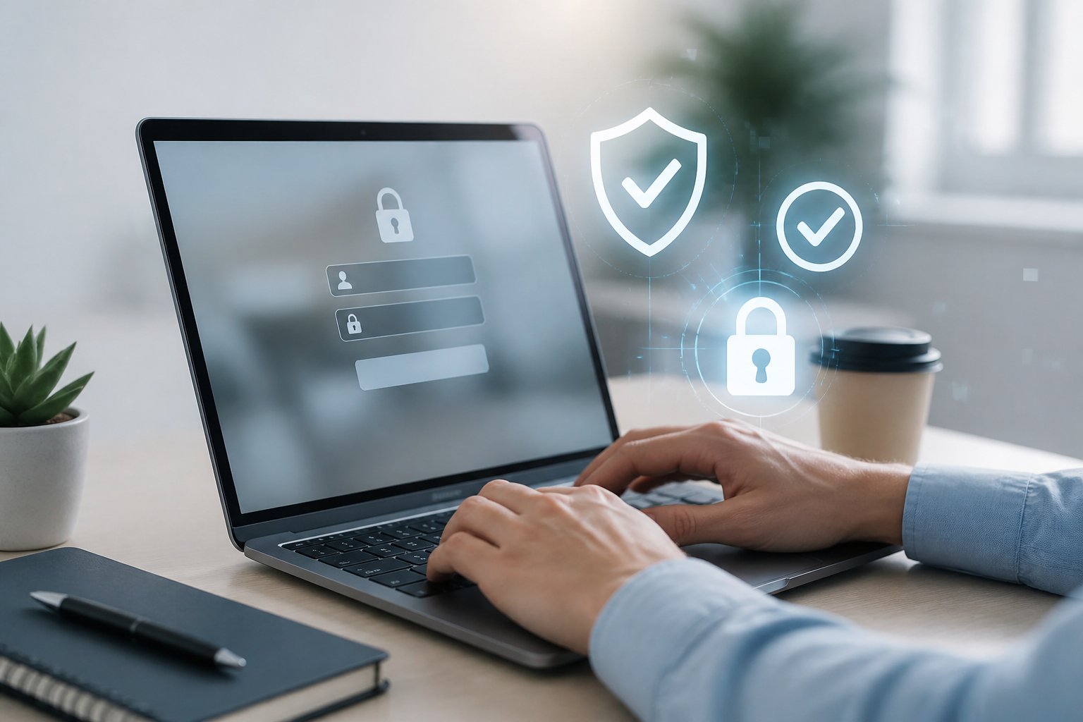 Hands typing on a laptop keyboard with digital security icons floating in the background.