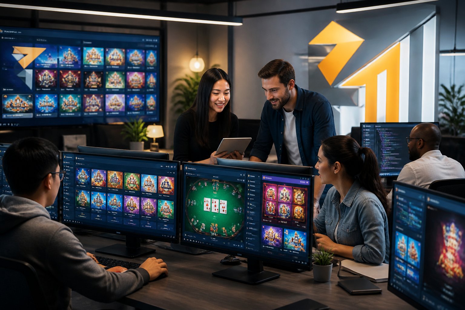 A modern office with multiple computer screens showing various colorful game interfaces and professionals working together.