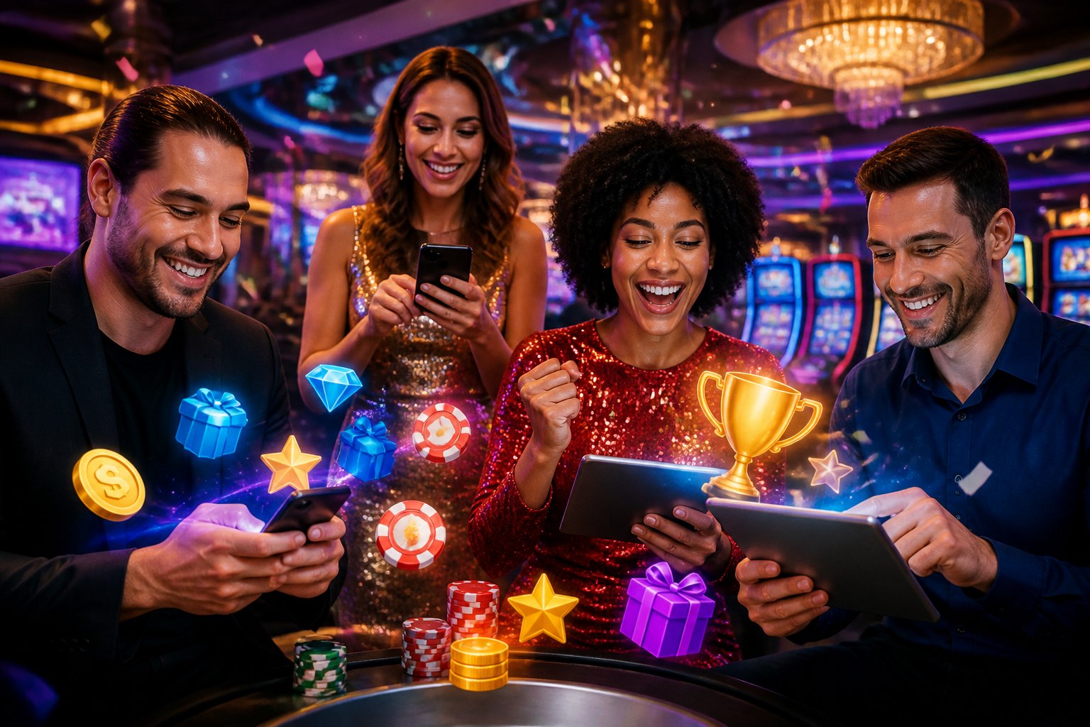 A group of diverse adults enjoying a casino environment with digital devices and colorful promotional visuals representing rewards and bonuses.