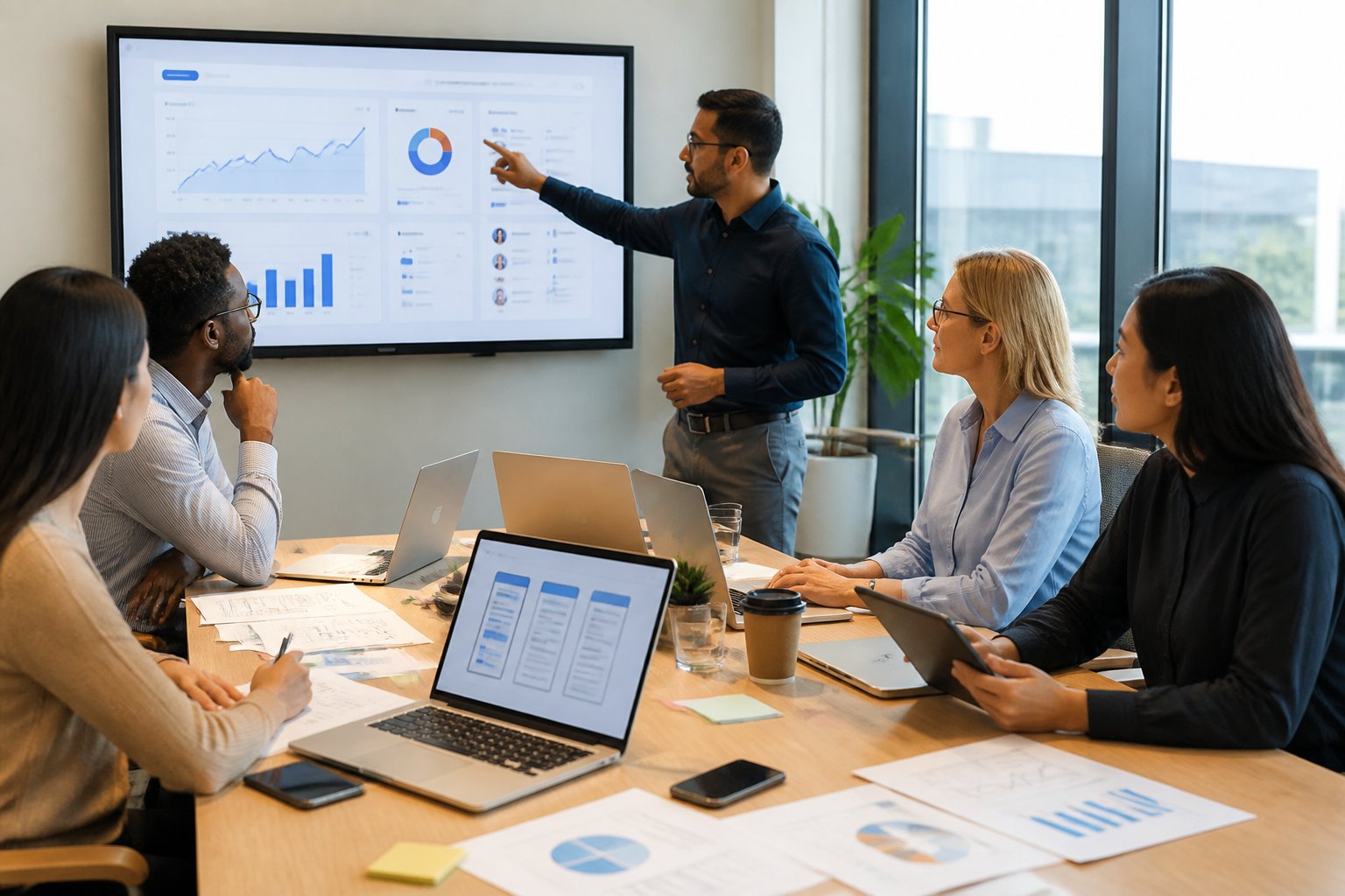 A group of business professionals collaborating around a table with digital devices and a large screen displaying data in a bright office.