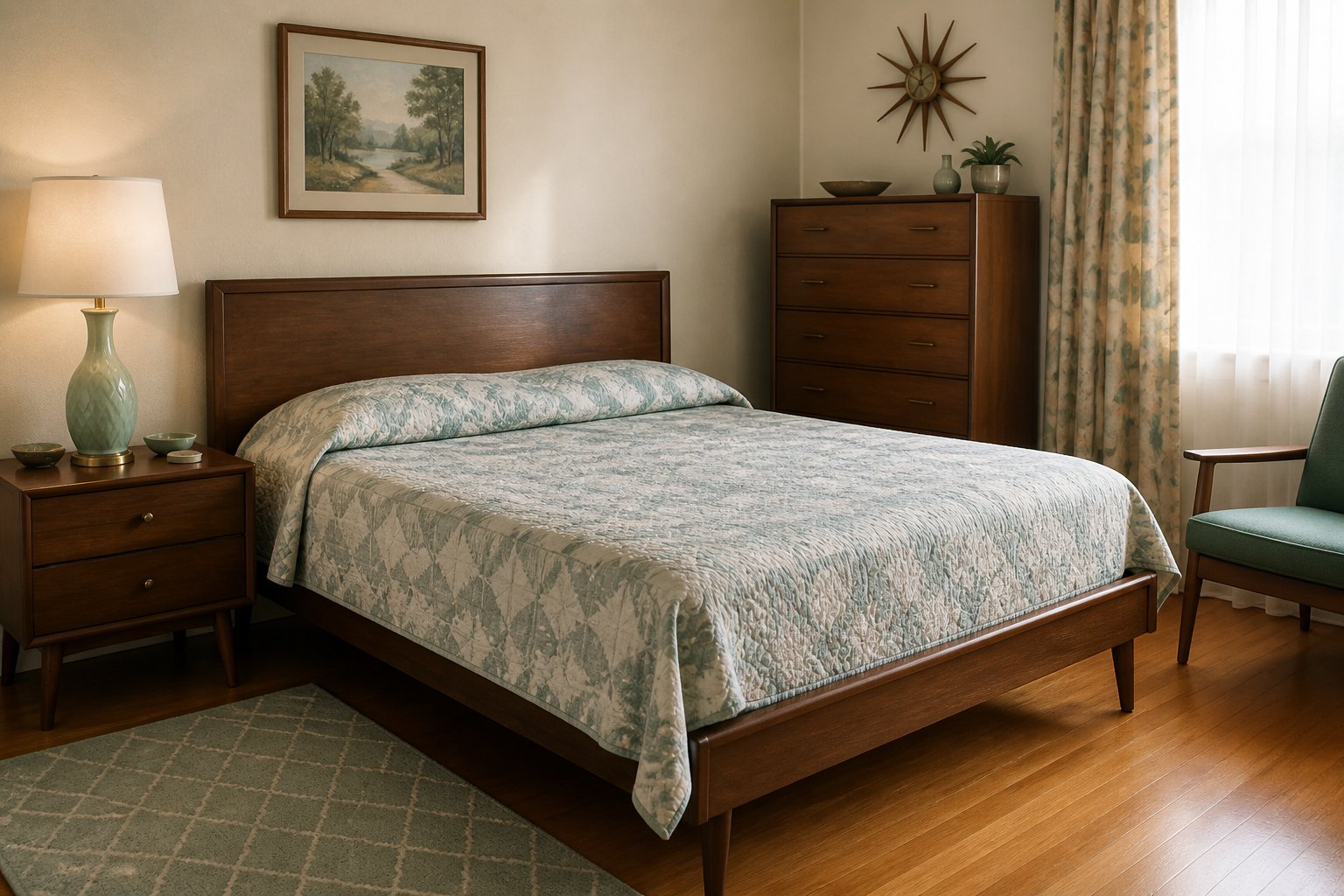 A tidy mid-century bedroom with vintage furniture and natural light, showing a clean environment without any visible pests.